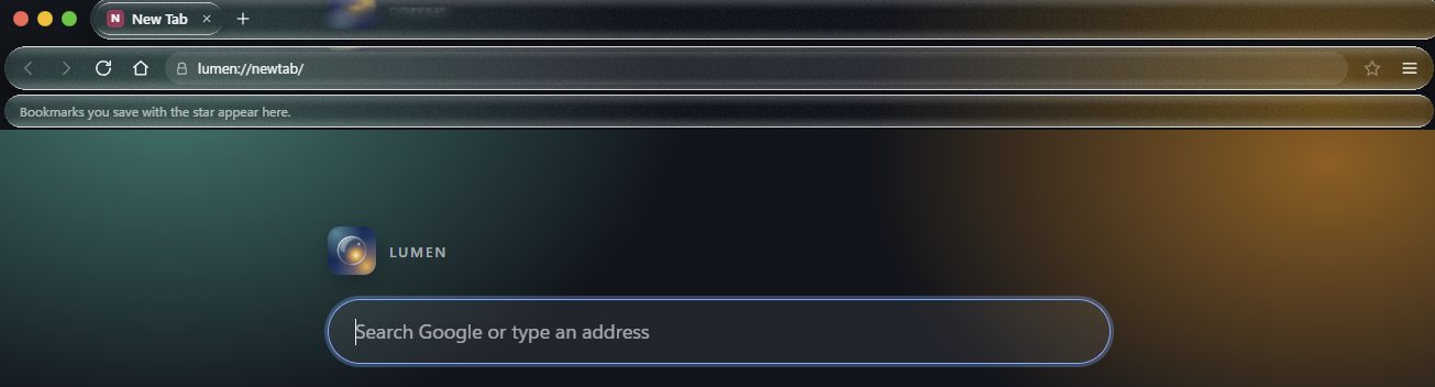 Lumen in dark mode: the toolbar and bookmarks bar over a dark new tab page.