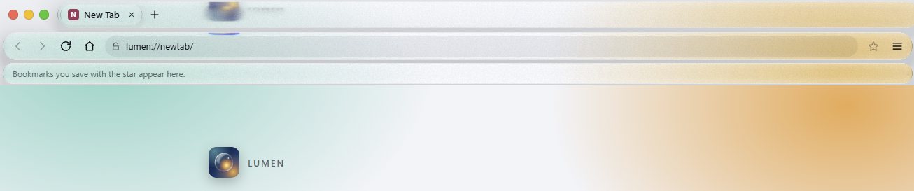 The top of a Lumen window: tab strip, address bar and bookmarks bar drawn as glass over a pale teal and amber page background.