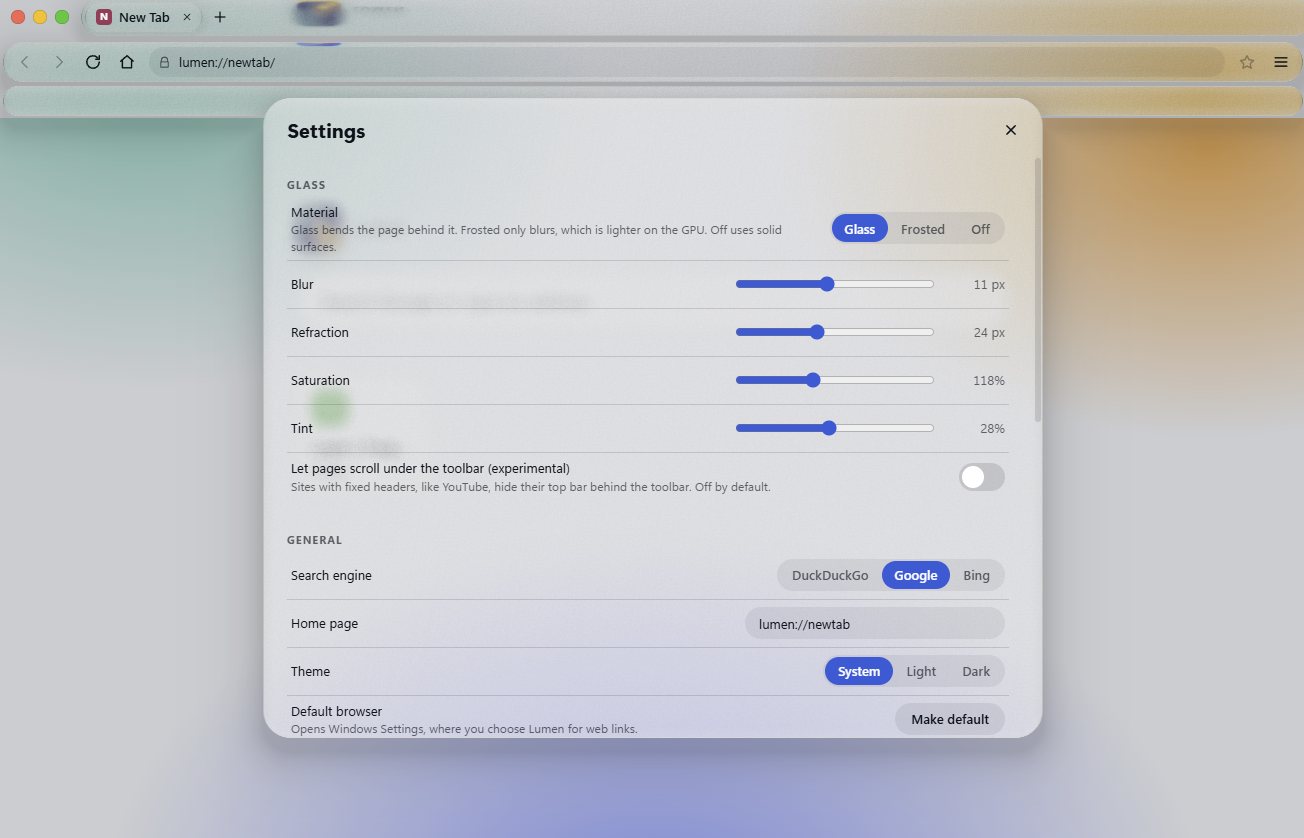 Lumen's Settings panel with sliders for blur, refraction, saturation and tint.