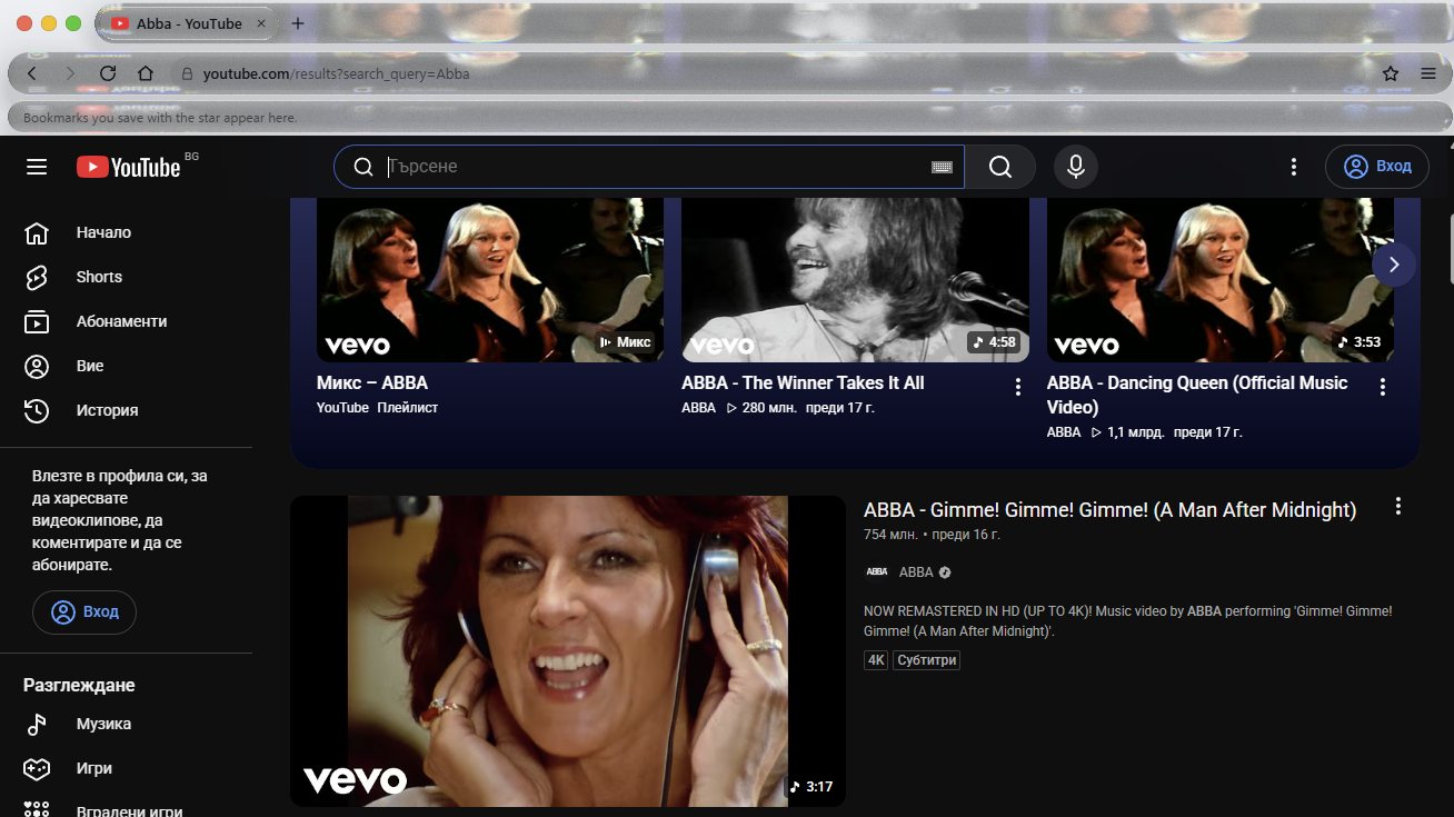 YouTube search results for ABBA in Lumen. The glass toolbar sits above the page, which starts below it.